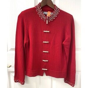Dominique Palacios Women's Cardigan Red Gold Rhinestone Magnetic Size 10